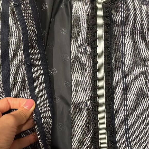 Tory Burch Navy Blue Tweed Striped Jacket Blazer Pom Pom Tulle Trims - Picture 3 of 9